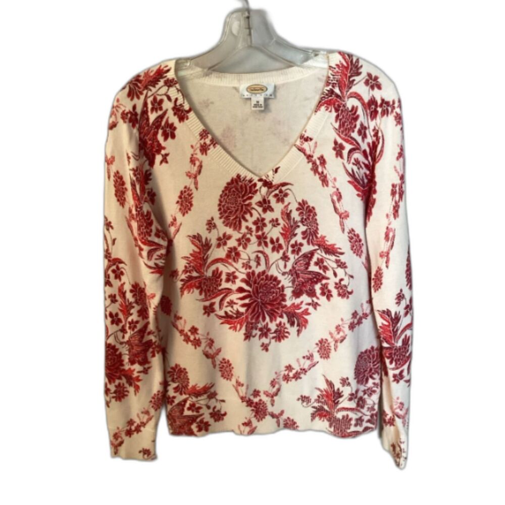 TALBOTS VINTAGE MP CREAM COTTON SILK V NECK SWEATER WITH RED TOILE PRINT